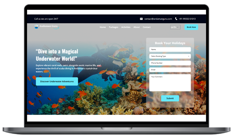 The Andaman Guru Holidays site on desktop and on a phone