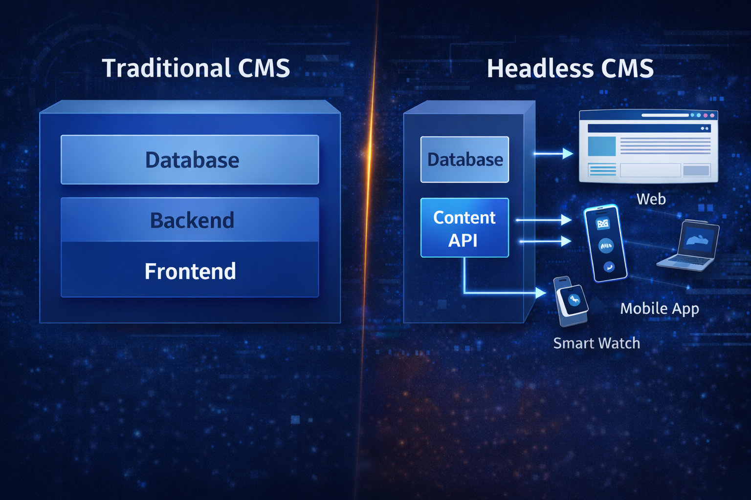 Traditional CMS vs Headless CMS Architecture Diagram