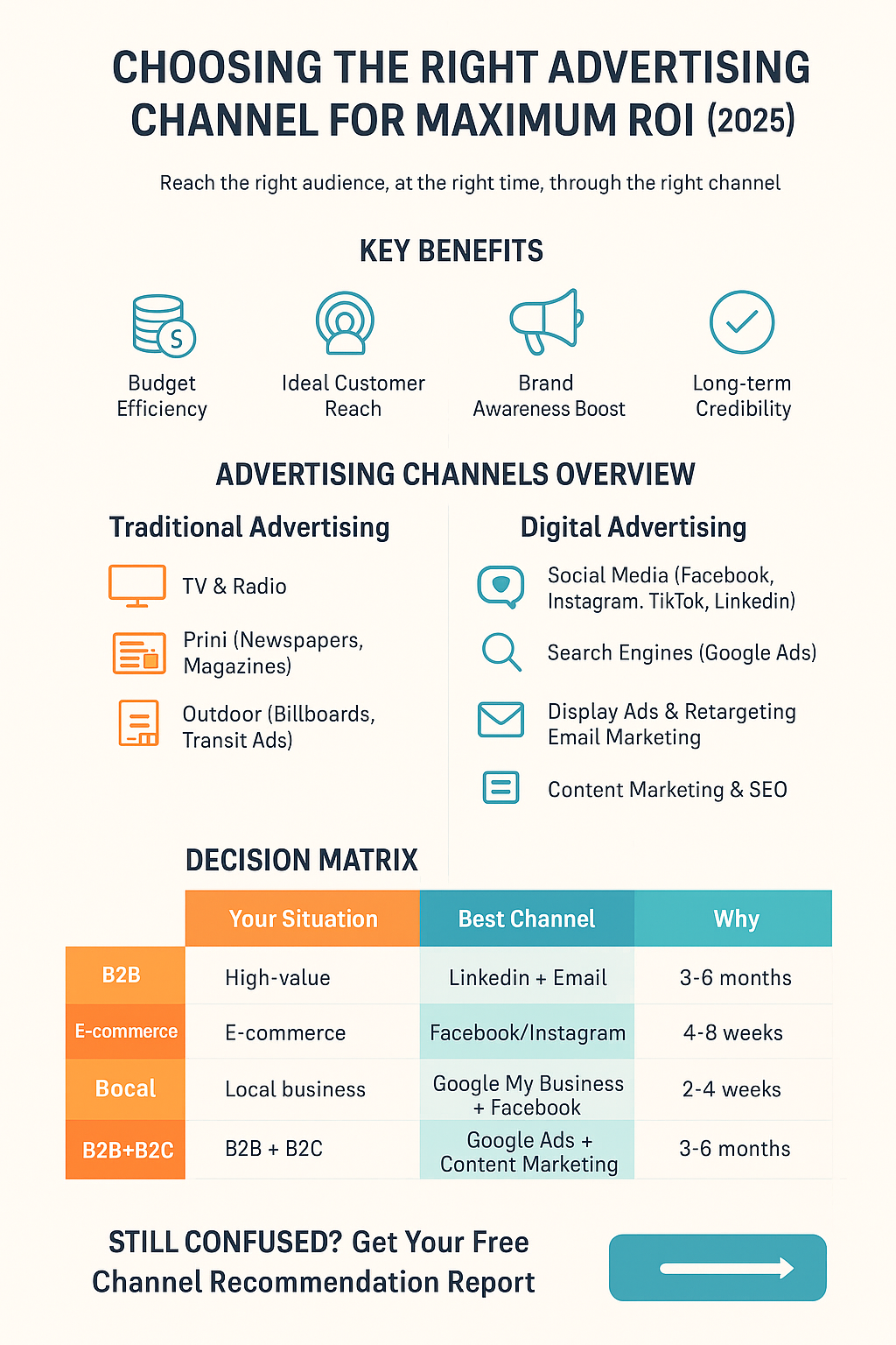 Infographic illustrating how to choose the right advertising channel for maximum ROI in 2025
